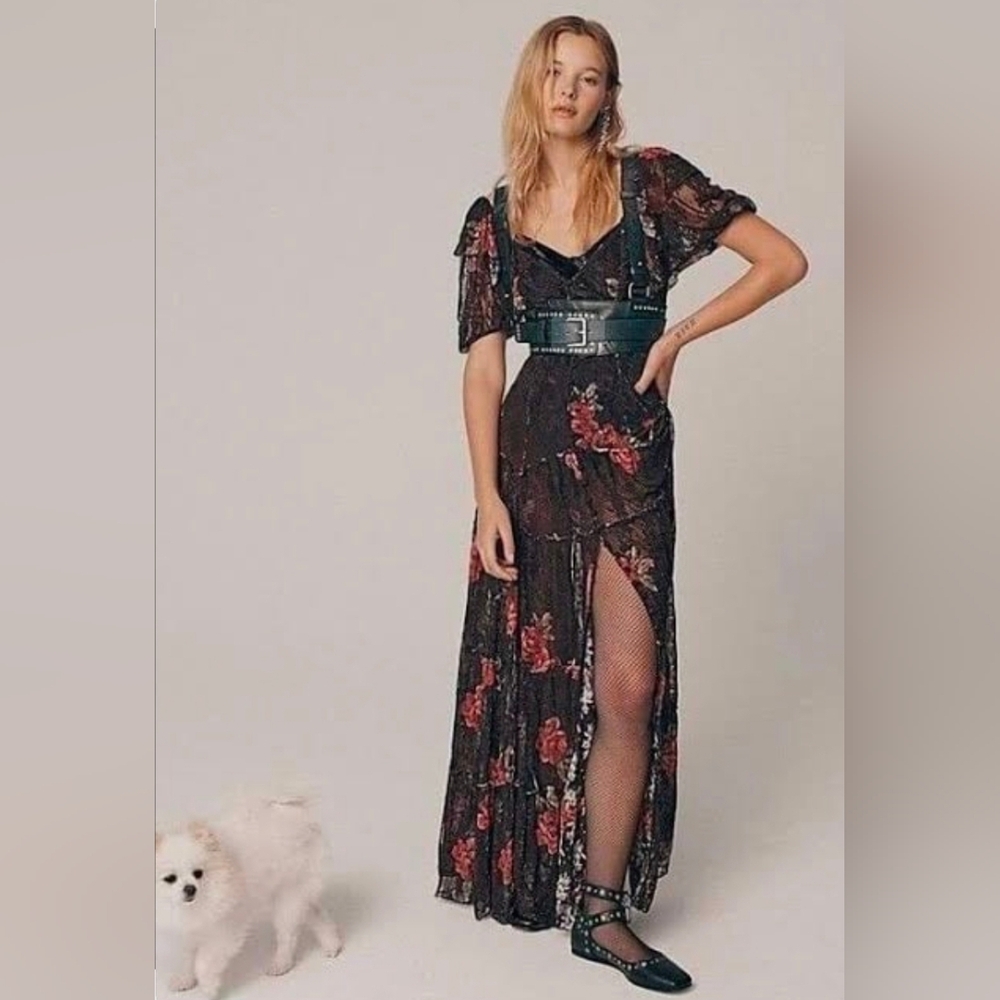 NWT FREE PEOPLE  HOLLIS DRESS LACE PRINTED MAXI DRESS SIZE XS